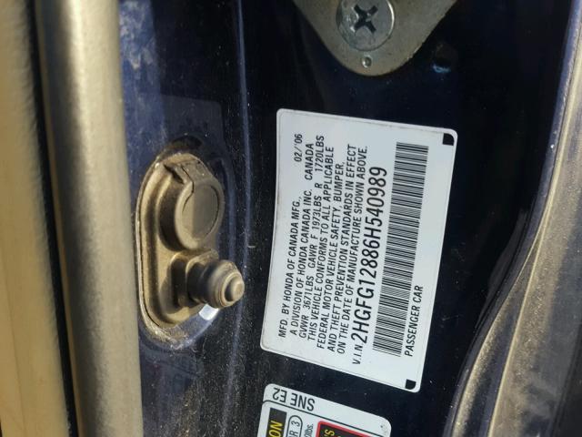 2HGFG12886H540989 - 2006 HONDA CIVIC EX ლურჯი ფოტო 10