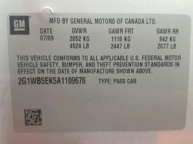 2G1WB5EK5A1109676 - 2010 CHEVROLET IMPALA LT SILVER photo 10