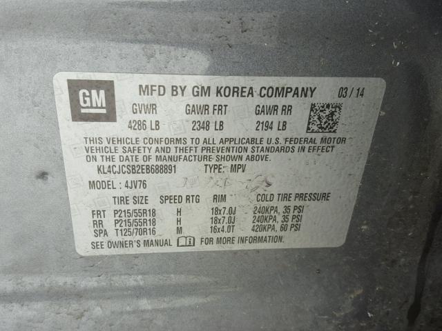 KL4CJCSB2EB688891 - 2014 BUICK ENCORE GRAY photo 10