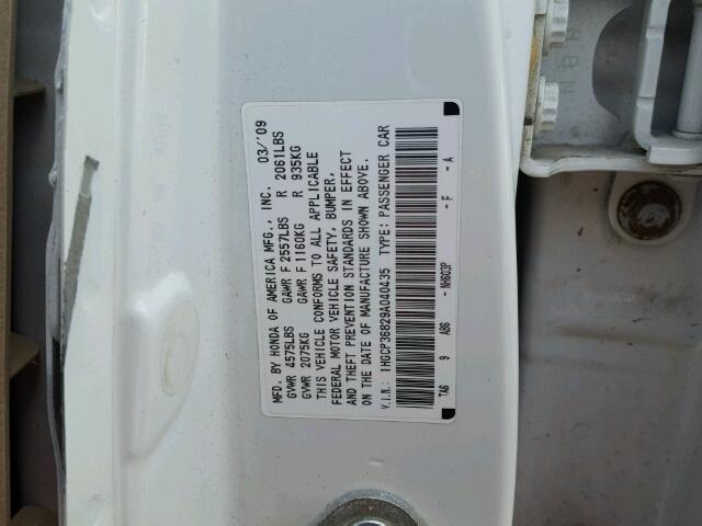 1HGCP36829A040435 - 2009 HONDA ACCORD EXL WHITE photo 10