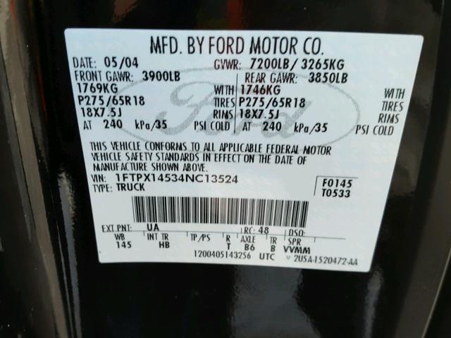 1FTPX14534NC13524 - 2004 FORD F150 BLACK photo 10