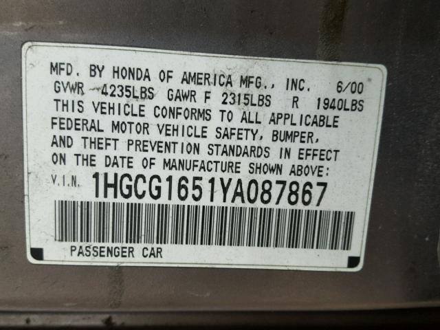 1HGCG1651YA087867 - 2000 HONDA ACCORD EX GRAY photo 10