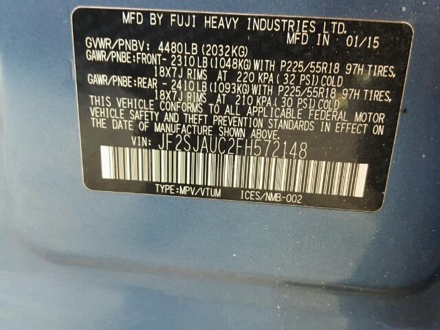 JF2SJAUC2FH572148 - 2015 SUBARU FORESTER 2 BLUE photo 10