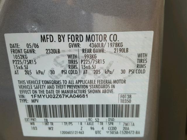 1FMYU02Z67KA04681 - 2007 FORD ESCAPE XLS GRAY photo 10