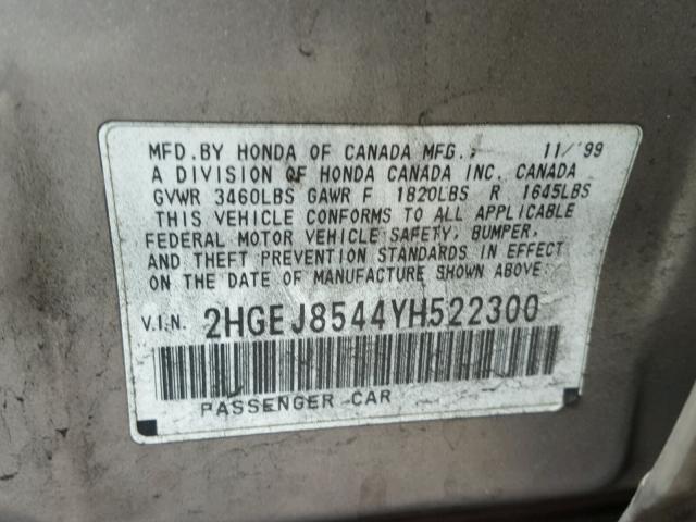 2HGEJ8544YH522300 - 2000 HONDA CIVIC EX 金色 照片 10