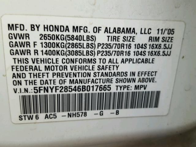 5FNYF28546B017665 - 2006 HONDA PILOT EX WHITE photo 10