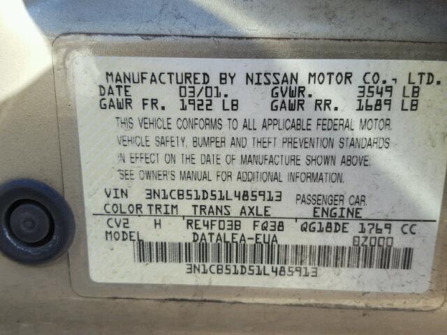 3N1CB51D51L485913 - 2001 NISSAN SENTRA XE GOLD photo 10