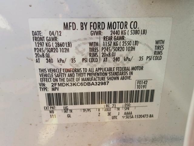 2FMDK3KC6DBA32987 - 2013 FORD EDGE LIMIT WHITE photo 10