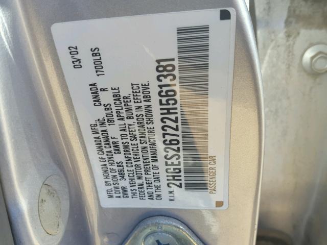 2HGES26722H561381 - 2002 HONDA CIVIC EX SILVER photo 10