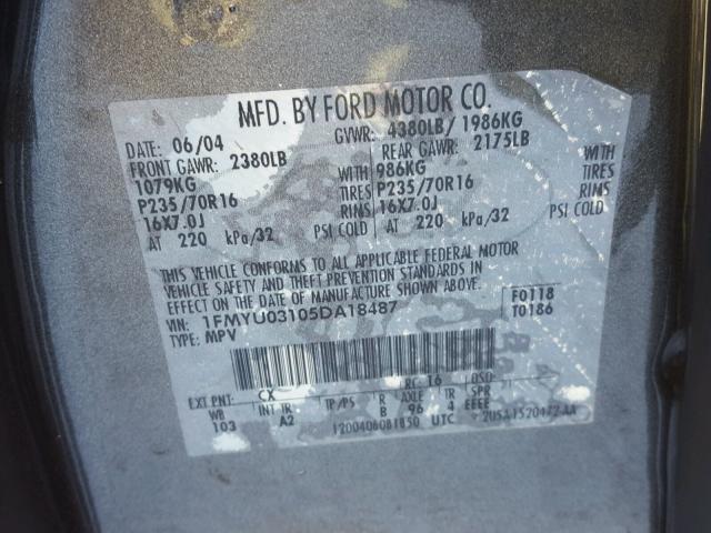 1FMYU03105DA18487 - 2005 FORD ESCAPE XLT GRAY photo 10