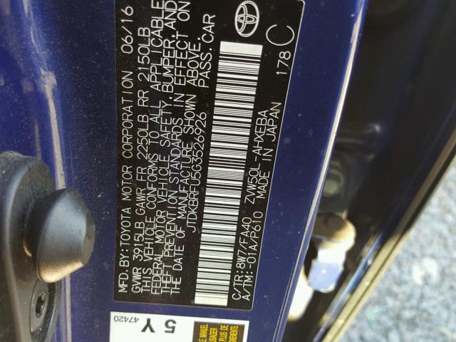 JTDKBRFU5G3526926 - 2016 TOYOTA PRIUS BLUE photo 10