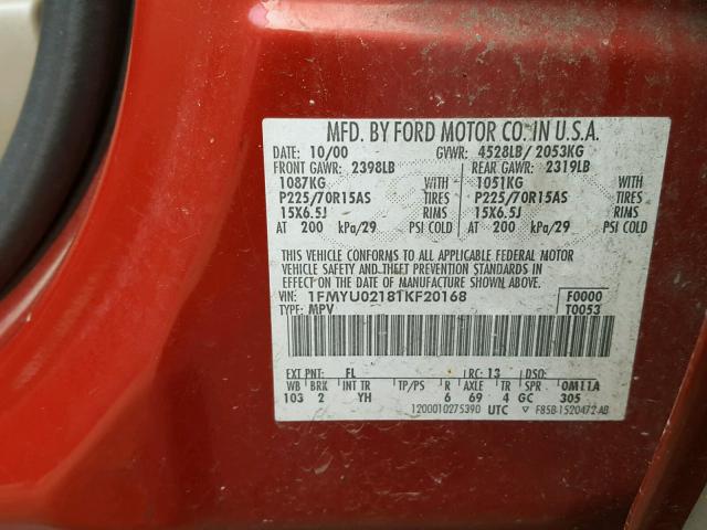 1FMYU02181KF20168 - 2001 FORD ESCAPE XLS RED photo 10