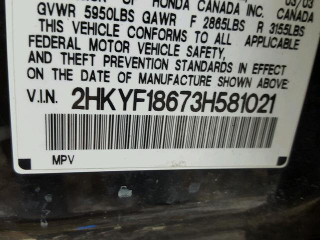 2HKYF18673H581021 - 2003 HONDA PILOT EXL BLACK photo 10