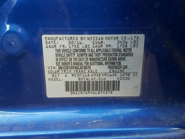 3N1CN7AP4GL874578 - 2016 NISSAN VERSA S BLUE photo 10