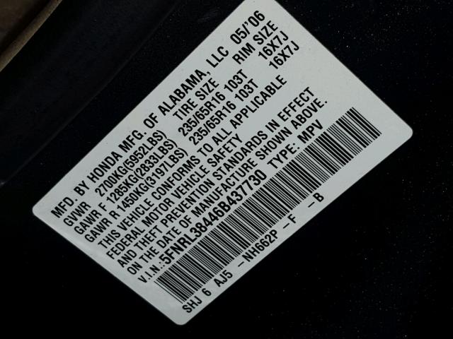 5FNRL38446B437730 - 2006 HONDA ODYSSEY EX GRAY photo 10