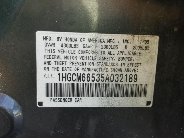 1HGCM66535A032189 - 2005 HONDA ACCORD EX GRAY photo 10