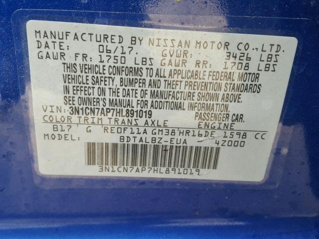 3N1CN7AP7HL891019 - 2017 NISSAN VERSA S BLUE photo 10