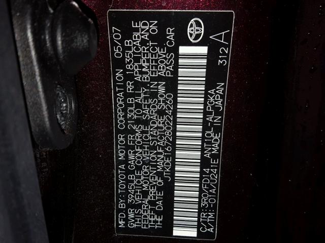 JTKDE167280224260 - 2008 SCION TC BURGUNDY photo 10