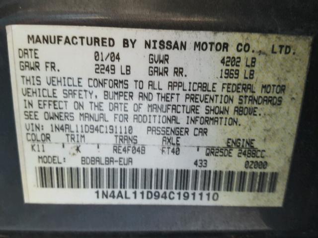 1N4AL11D94C191110 - 2004 NISSAN ALTIMA BAS GRAY photo 10