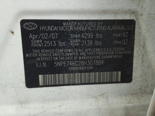 5NPET46C28H307884 - 2008 HYUNDAI SONATA GLS WHITE photo 10