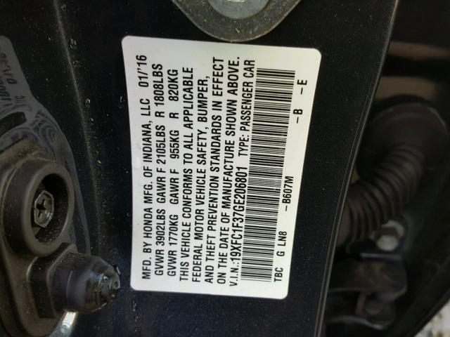 19XFC1F37GE206801 - 2016 HONDA CIVIC EX ლურჯი ფოტო 10