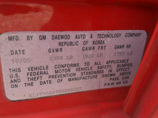 KL1TD56676B568227 - 2006 CHEVROLET AVEO BASE RED photo 10