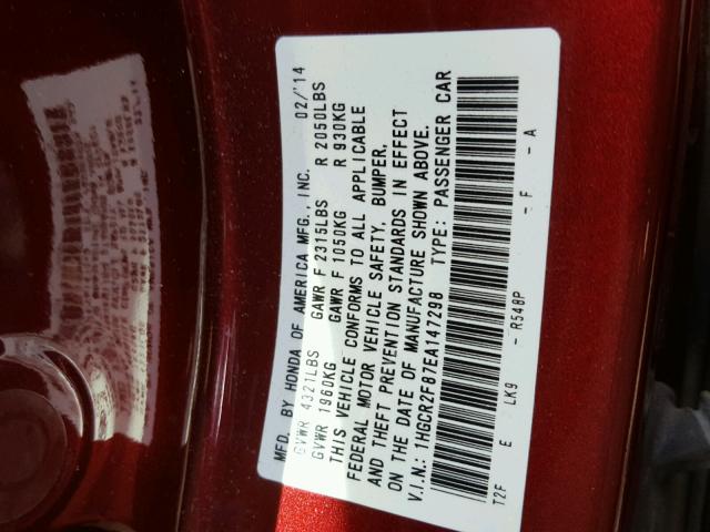 1HGCR2F87EA147298 - 2014 HONDA ACCORD EXL BURGUNDY photo 10