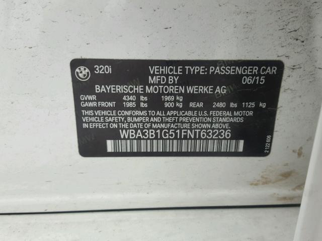 WBA3B1G51FNT63236 - 2015 BMW 320 I WHITE photo 10