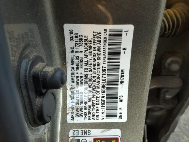 1HGFA16586L071097 - 2006 HONDA CIVIC LX GRAY photo 10