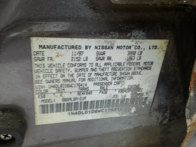 1N4DL01D6WC176414 - 1998 NISSAN ALTIMA XE GRAY photo 10