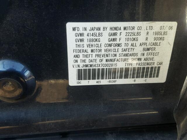 JHMCM563X7C002815 - 2007 HONDA ACCORD SE BLUE photo 10