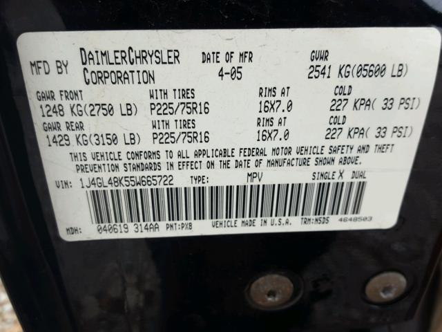 1J4GL48K55W665722 - 2005 JEEP LIBERTY SP BLACK photo 10