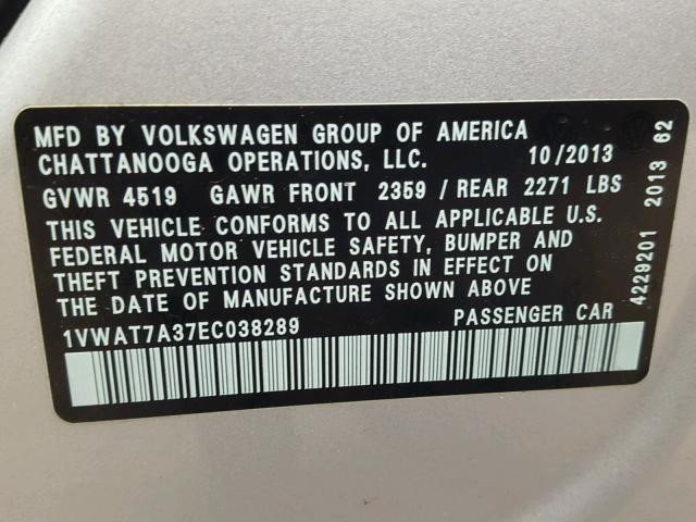 1VWAT7A37EC038289 - 2014 VOLKSWAGEN PASSAT S Plata foto 10