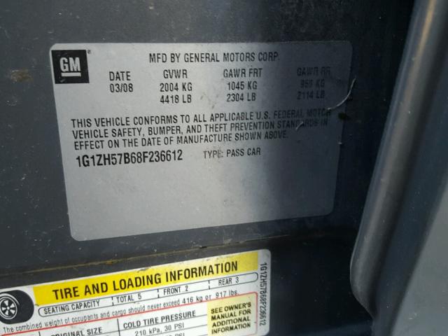 1G1ZH57B68F236612 - 2008 CHEVROLET MALIBU 1LT ნაცრისფერი ფოტო 10