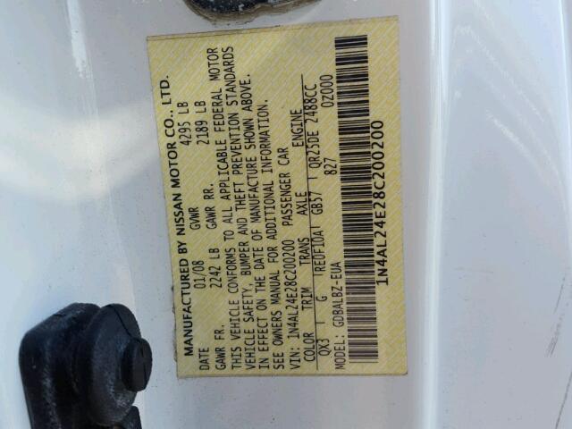 1N4AL24E28C200200 - 2008 NISSAN ALTIMA 2.5 WHITE photo 10