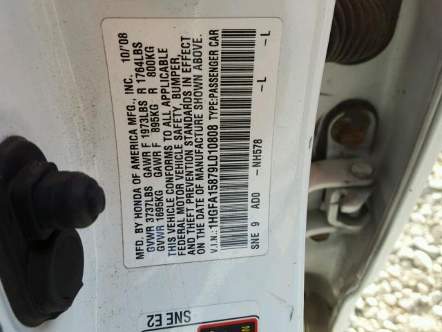 1HGFA15879L010808 - 2009 HONDA CIVIC EX WHITE photo 10