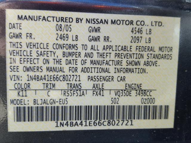 1N4BA41E66C802721 - 2006 NISSAN MAXIMA SE GRAY photo 10