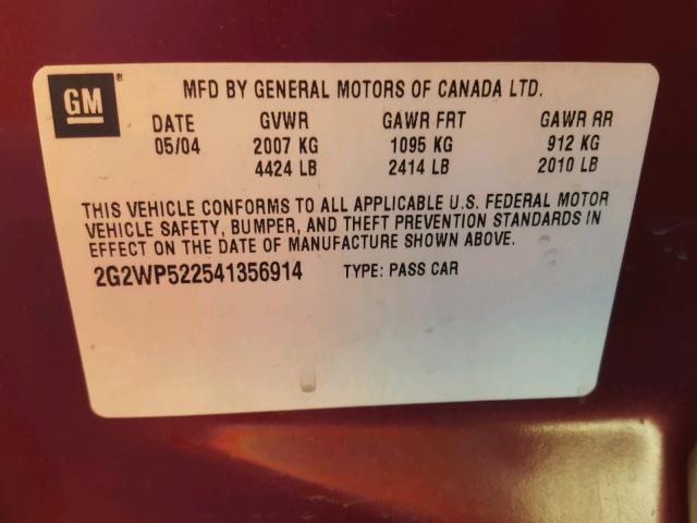 2G2WP522541356914 - 2004 PONTIAC GRAND PRIX ბურგუნდია ფოტო 10