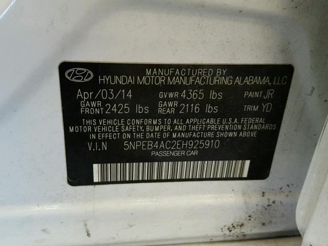 5NPEB4AC2EH925910 - 2014 HYUNDAI SONATA GLS WHITE photo 10