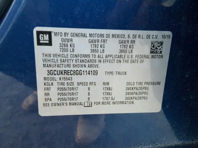 3GCUKREC8GG114109 - 2016 CHEVROLET SILVERADO BLUE photo 10