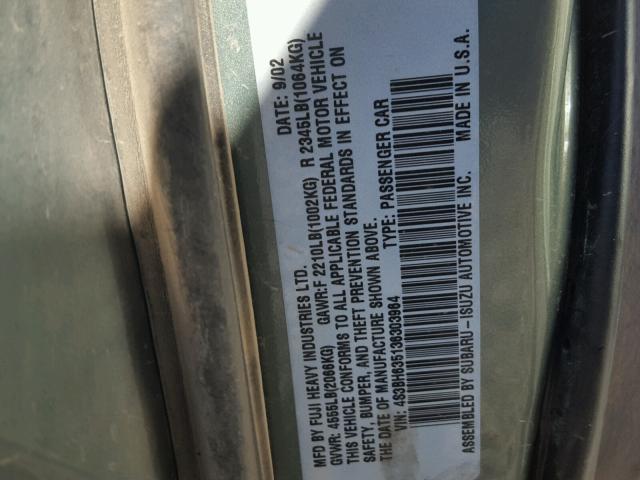 4S3BH635136303964 - 2003 SUBARU LEGACY L GREEN photo 10