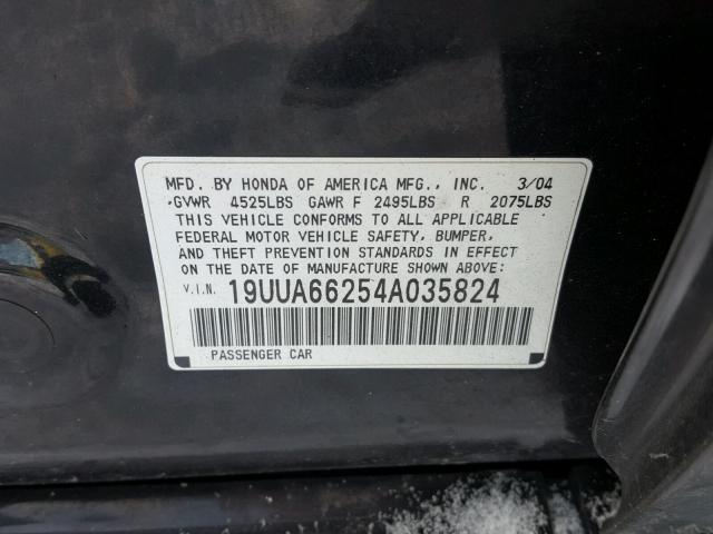 19UUA66254A035824 - 2004 ACURA TL BLACK photo 10