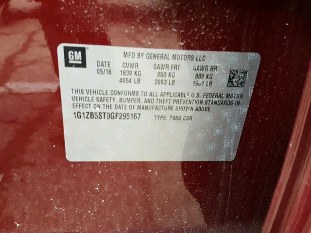 1G1ZB5ST9GF295167 - 2016 CHEVROLET MALIBU LS მუქწითელი ფოტო 10