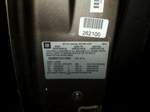 5GZER23747J172664 - 2007 SATURN OUTLOOK XR ნაცრისფერი ფოტო 10