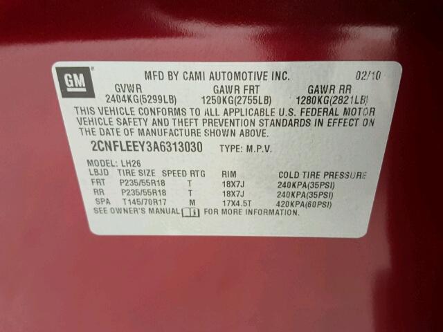 2CNFLEEY3A6313030 - 2010 CHEVROLET EQUINOX LT BURGUNDY photo 10