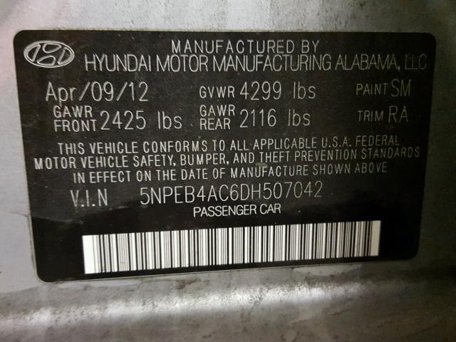 5NPEB4AC6DH507042 - 2013 HYUNDAI SONATA GLS SILVER photo 10