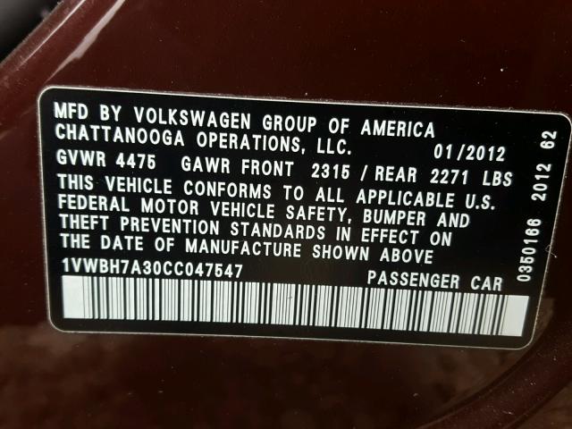 1VWBH7A30CC047547 - 2012 VOLKSWAGEN PASSAT SE MAROON photo 10