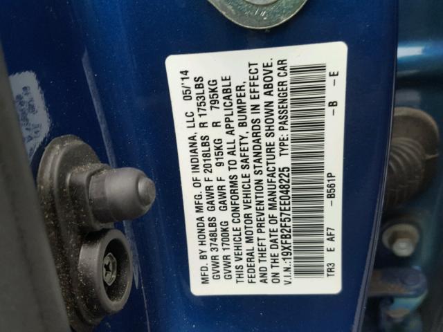 19XFB2F57EE048225 - 2014 HONDA CIVIC LX BLUE photo 10