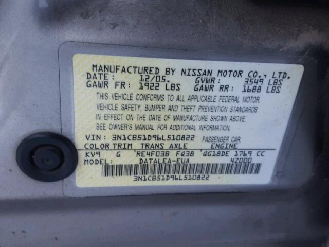 3N1CB51D96L510822 - 2006 NISSAN SENTRA 1.8 GRAY photo 10