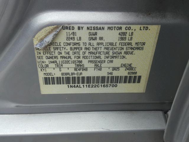 1N4AL11E22C165700 - 2002 NISSAN ALTIMA BAS SILVER photo 10